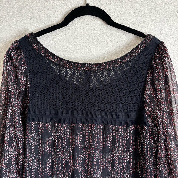 Free People Women's  Black Lace Mini Dress SZ M Leather Tie 3/4 Sleeve - Picture 9 of 12